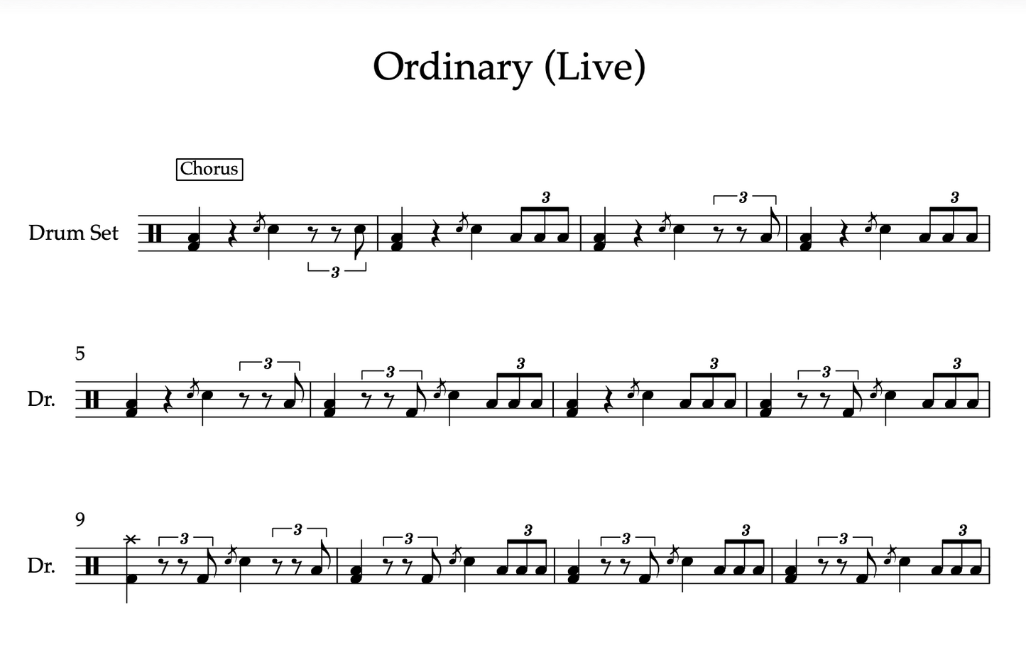 Ordinary by Alex Warren - Live (Medium) Drumset Sheet Music