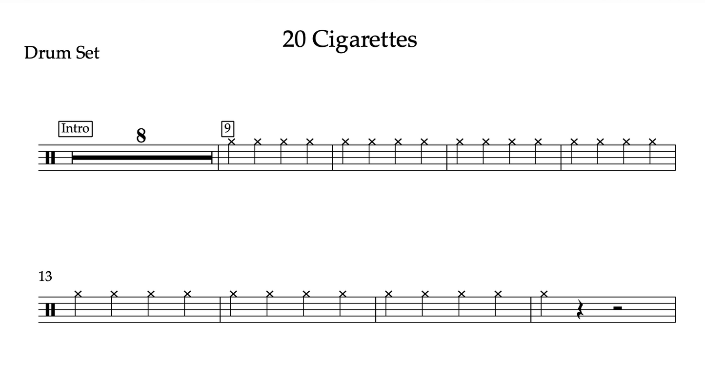 20 Cigarettes by Morgan Wallen (Easy) Drumset Sheet Music