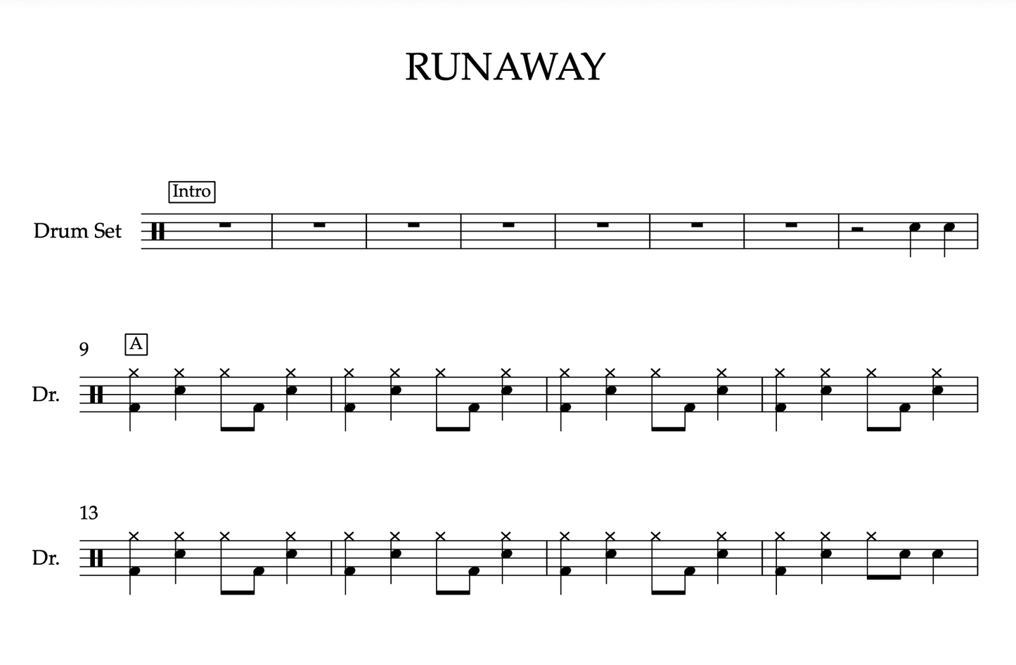 Runaway by OneRepublic (Easy) Drumset Sheet Music