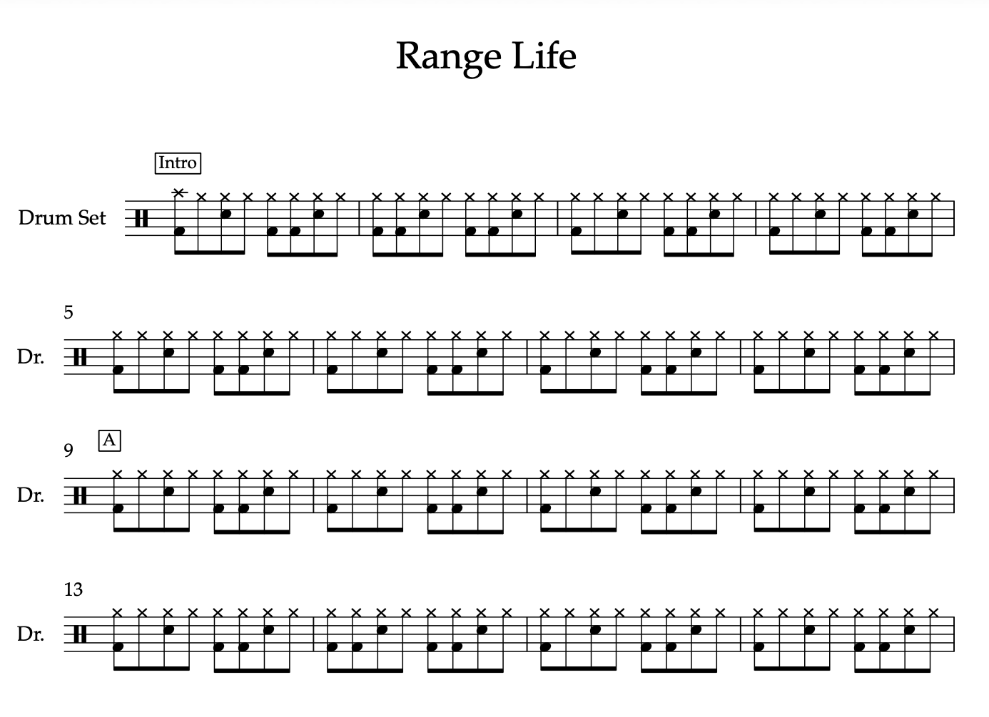 Range Life  by Pavement (Easy) Drumset Sheet Music