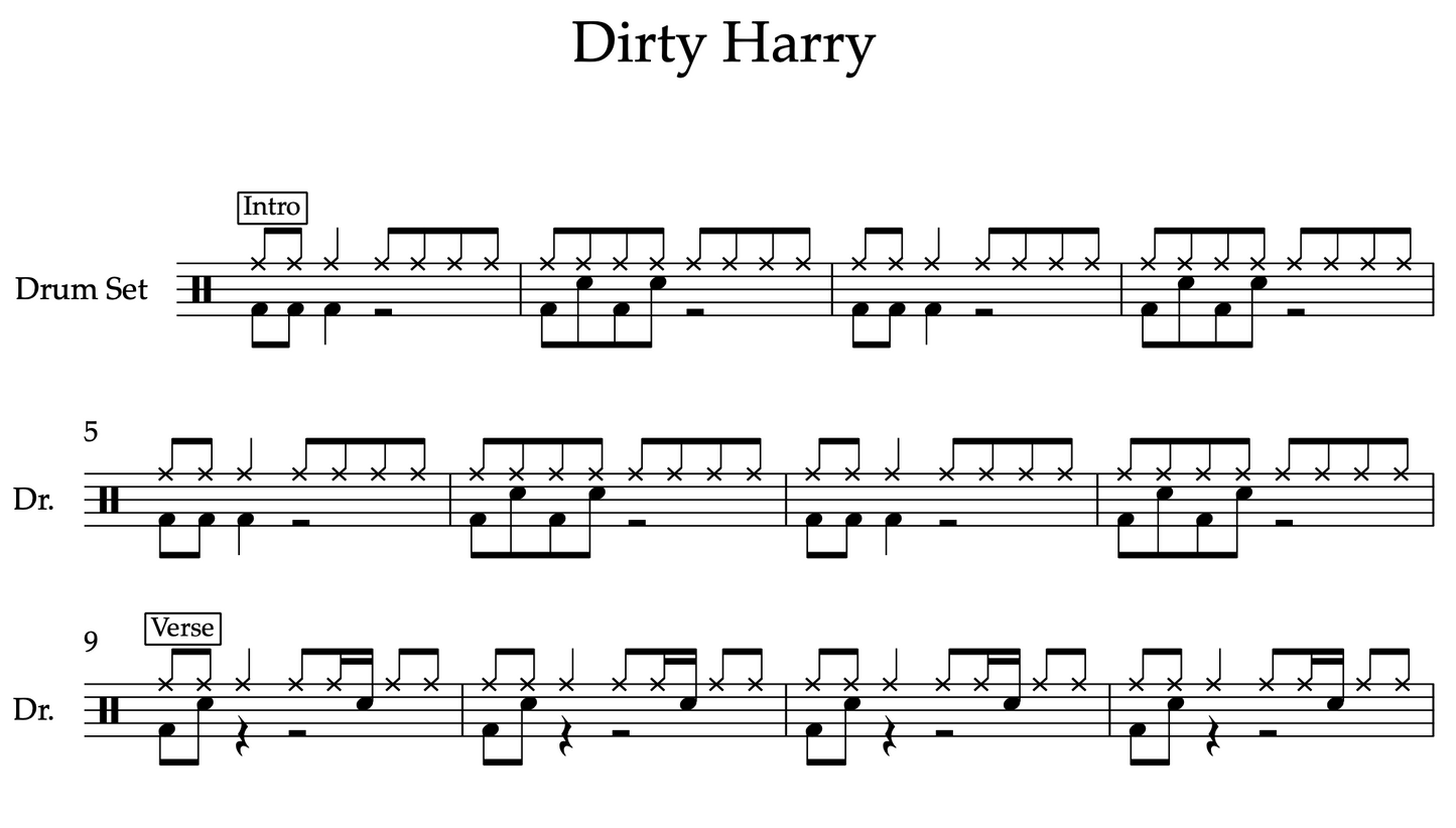 Dirty Harry by Gorillaz (Easy) Drumset Sheet Music