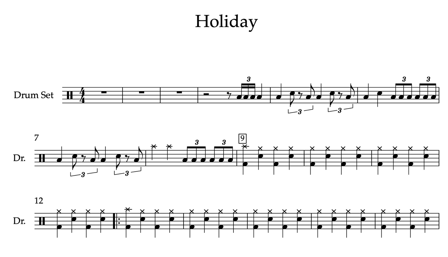 Holiday by Green Day (Easy) Drumset Sheet Music