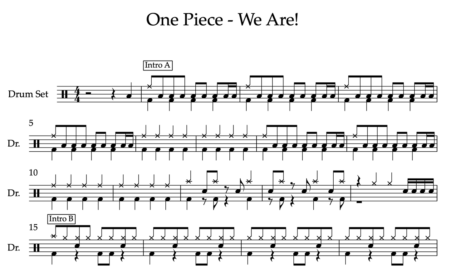We Are! from One Piece (Medium) Drumset Sheet Music