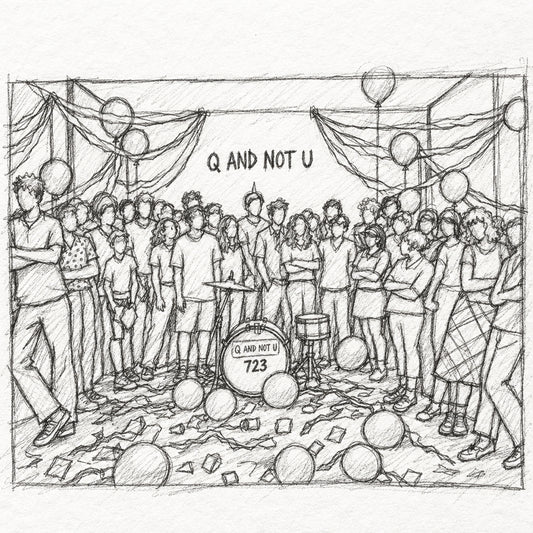 A group of young people posing together in a decorated room with balloons, streamers, and a drum kit on the floor. The photo has a light yellow border, and the text 'Q AND NOT U' is visible on the wall behind them.