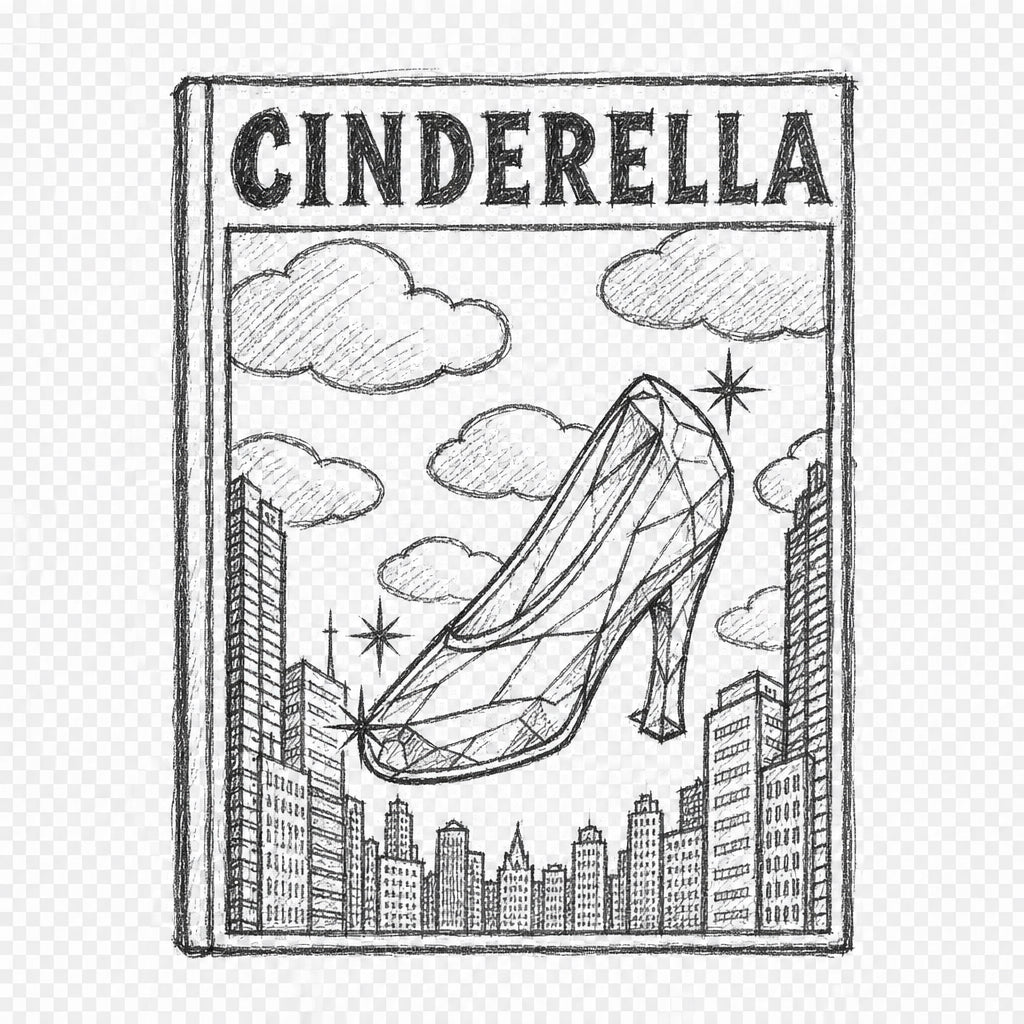 A square graphic print or album cover featuring the word 'CINDERELLA' at the top and an illustration of a teal high-heeled shoe floating above a city skyline under a peach sky with clouds, set against a mint green background with a tan border.